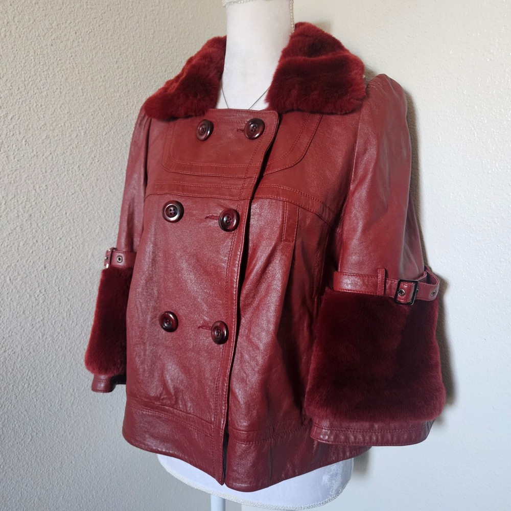 Vogue Virile Womens Burgundy Sheepskin Leather Jacket Faux Fur Trim Pea Coat